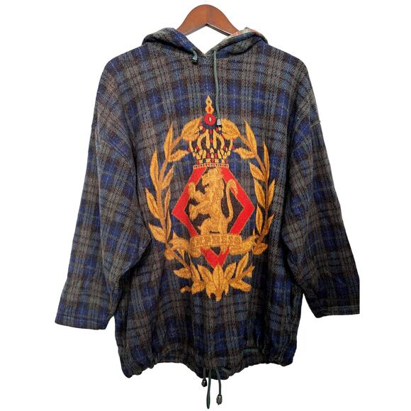 Vintage 90s Express French Country Soft Pullover Crest Shield Long Sleeve Hood M - Picture 1 of 4